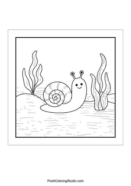 A snail with a spiral shell and aquatic plants nearby.
