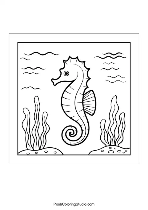 A seahorse with a curled tail and seaweed around it.