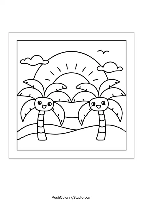 A forest scene with trees and two cute bears.