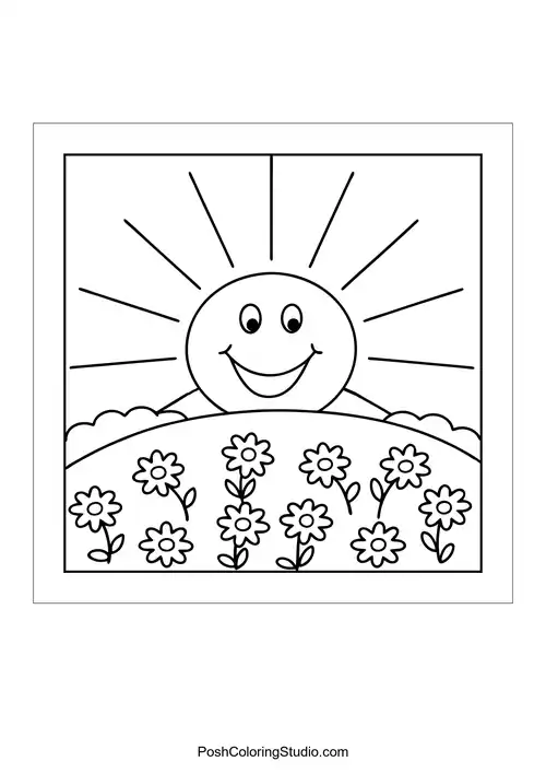 Two rabbits in a field with trees and a rising sun.