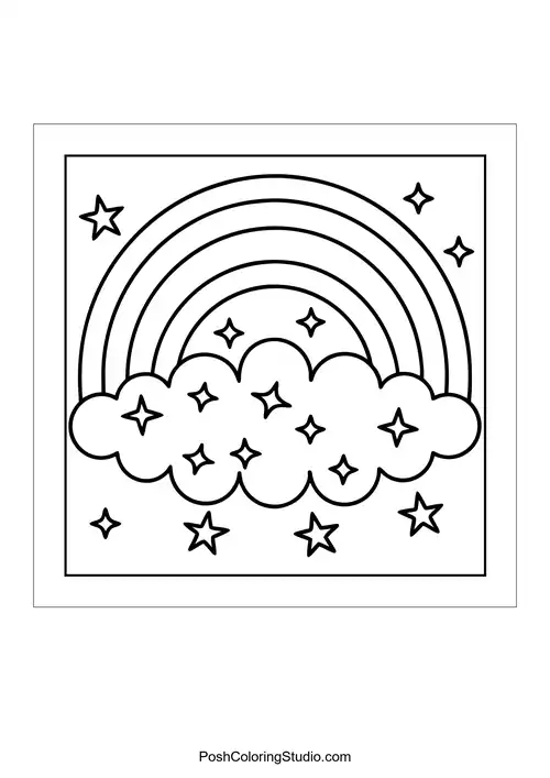 A smiling sun surrounded by clouds and birds.