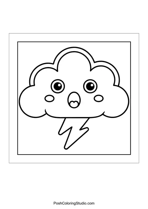A cloud with raindrops and lightning bolts.