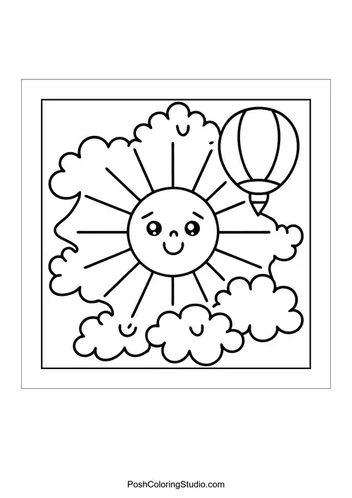 A beach scene with a sun, shells, and waves.