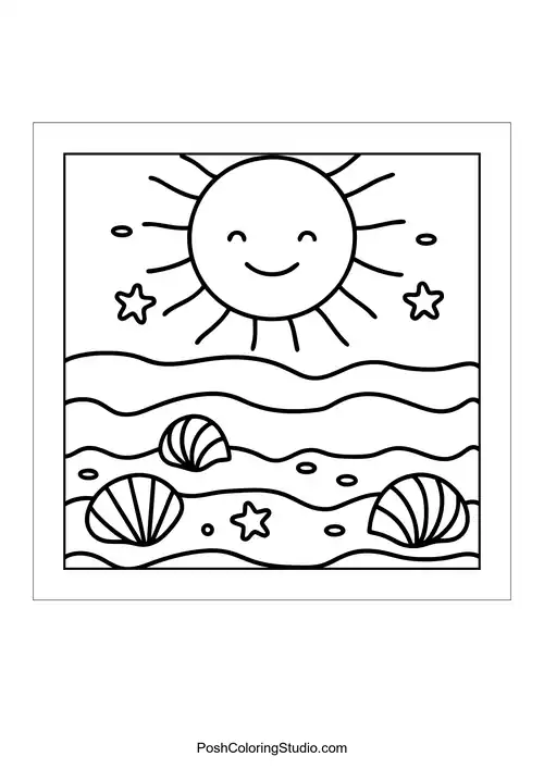 Two palm trees with a smiling sun in the background.