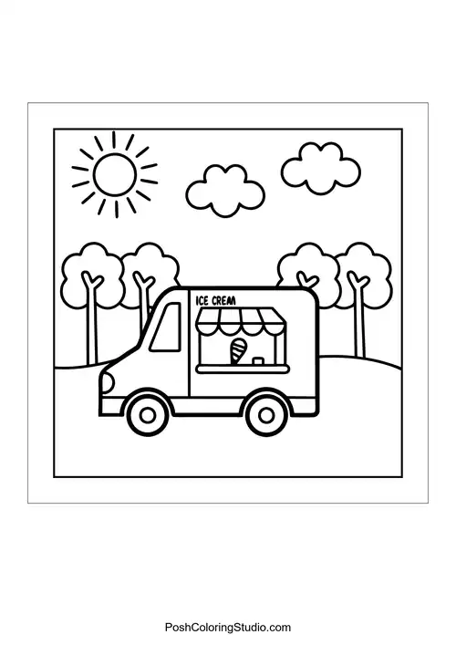 An ice cream truck surrounded by trees and clouds.