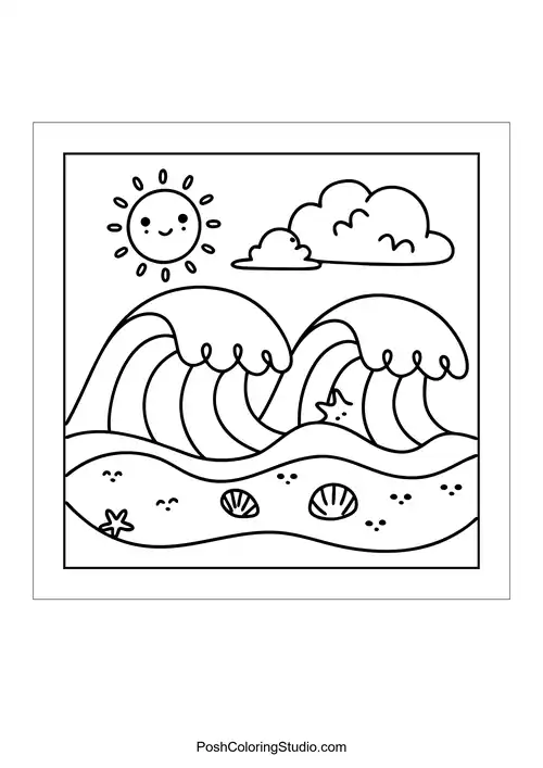 A sunny landscape with mountains and a smiling sun.