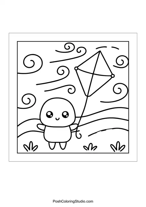 A cute character holding a kite in a windy scene.