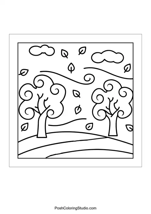 Two trees with swirling branches and falling leaves.