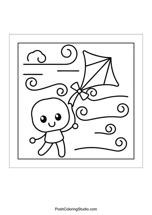 A character joyfully holding a kite amidst swirling winds.