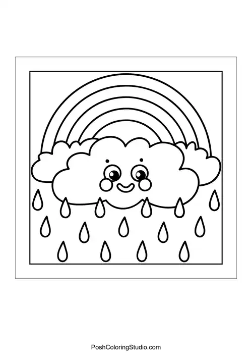A happy cloud raining with a colorful rainbow above.