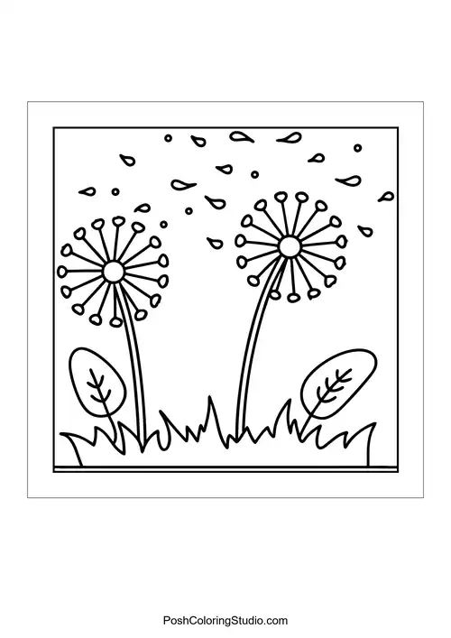 Two dandelions with seeds blowing in the wind.