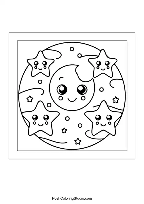 A smiling moon surrounded by cheerful stars.