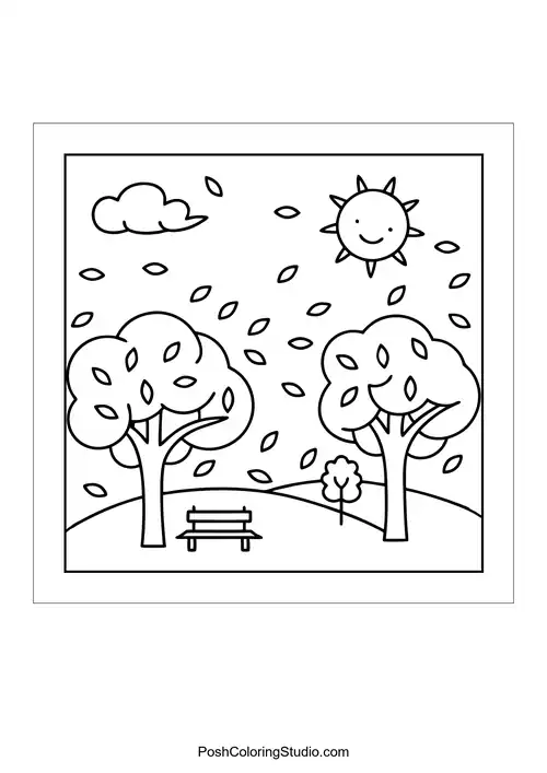 A sunny scene with trees, a bench, and falling leaves.