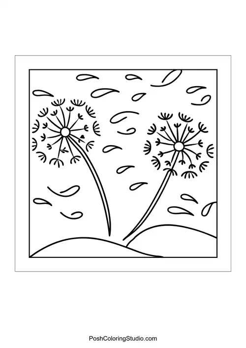 Two dandelions with seeds blowing in the wind.