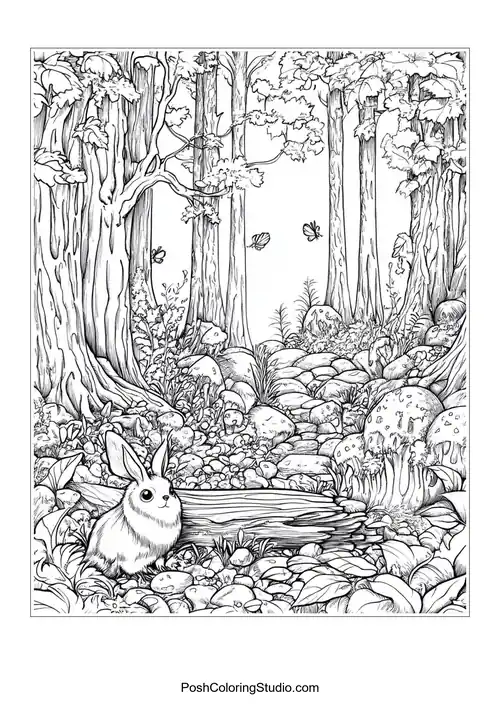 A rabbit near a pond surrounded by trees and mushrooms.