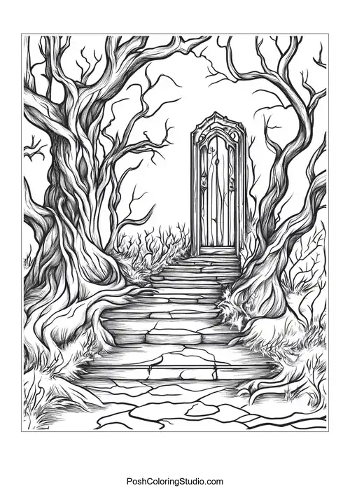 An ornate door framed by twisted trees and stones.