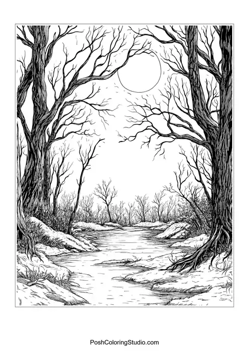 A winter scene with bare trees and a winding path.