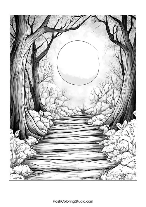 A bright moon over a snowy path with trees.