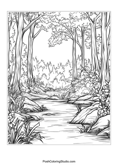 A serene river flowing through a lush forest.