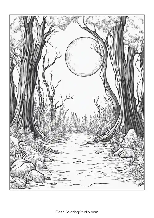 A rocky path with a full moon and trees.