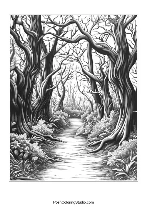 A dense forest with gnarled trees and foliage.