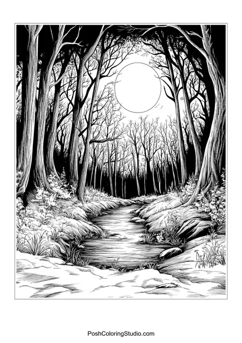 A winding path through a forest with large mushrooms.