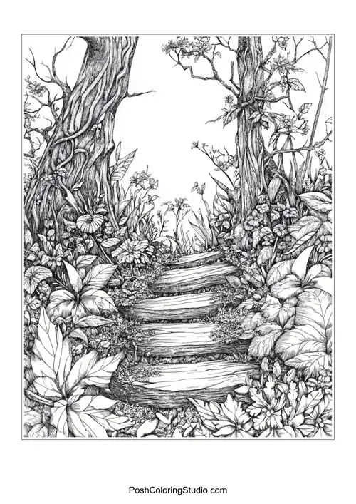 A winding path through a forest with varied trees.