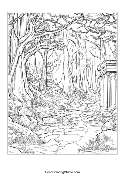 A forest scene with a large skull-shaped mushroom.