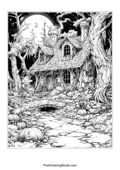 A spooky house surrounded by twisted trees and a path.