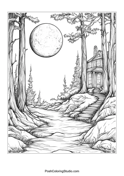 A winding path through a dark, enchanted forest.