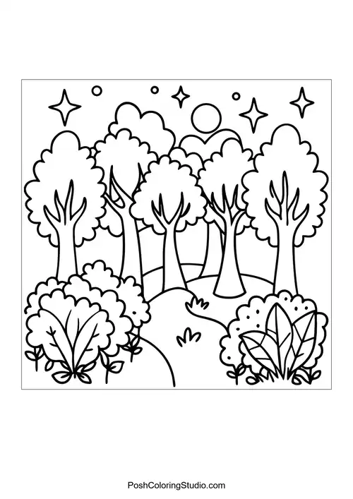 A circular forest scene with tall trees and a sunny sky.