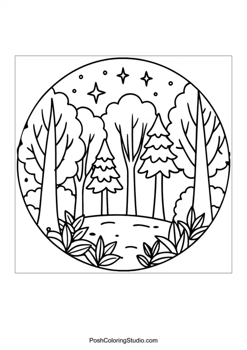 A circular forest scene with tall trees and a starry sky.