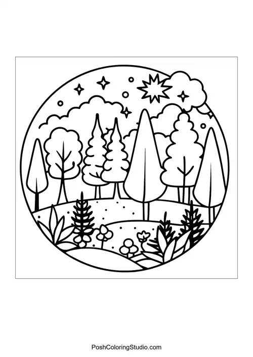 A whimsical forest with rounded trees and a starry sky.