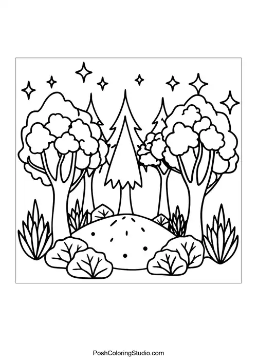 A serene forest scene with tall trees and a winding path.