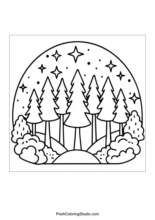 A whimsical forest with rounded trees and a starry sky.