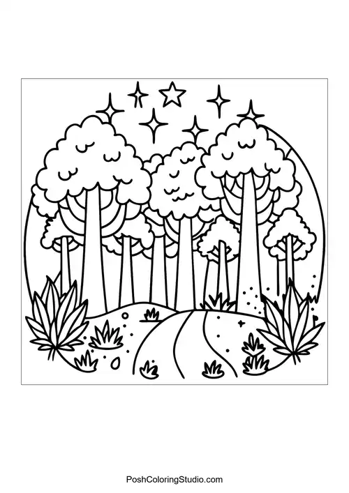 A forest landscape with tall trees and a moonlit sky.