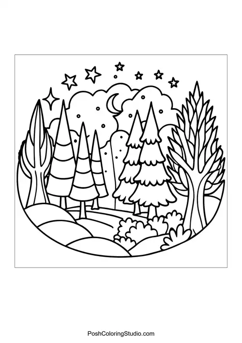 A circular forest scene with tall trees and a starry sky.