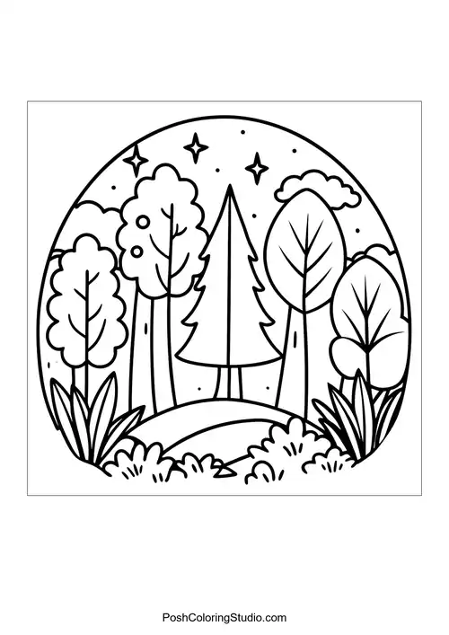 A whimsical forest with rounded trees and a starry sky.