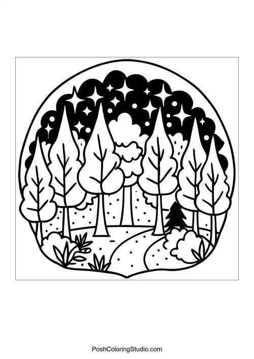 A serene forest scene with tall trees and a winding path.