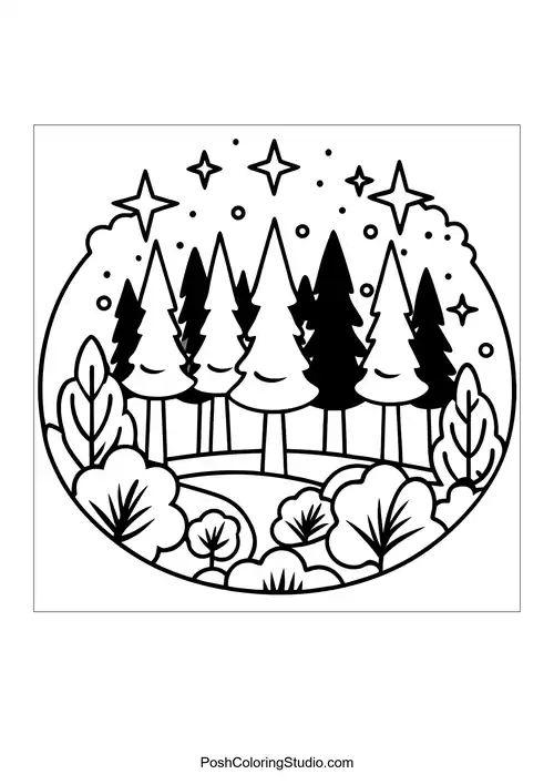 A forest landscape with tall trees and a moonlit sky.
