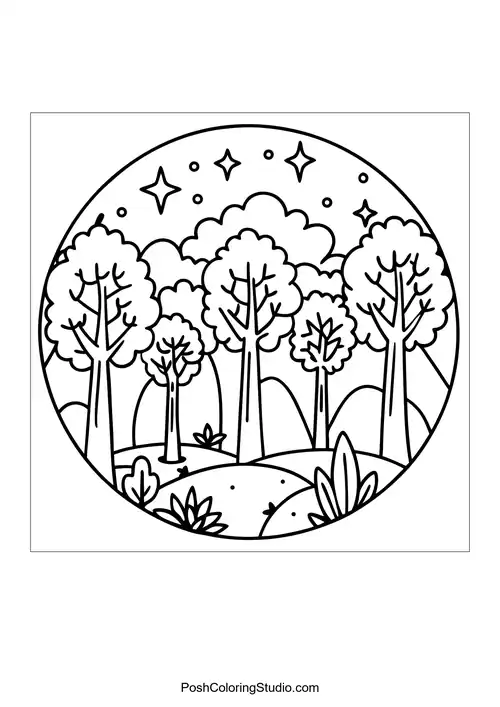 A circular forest scene with tall trees and a starry sky.