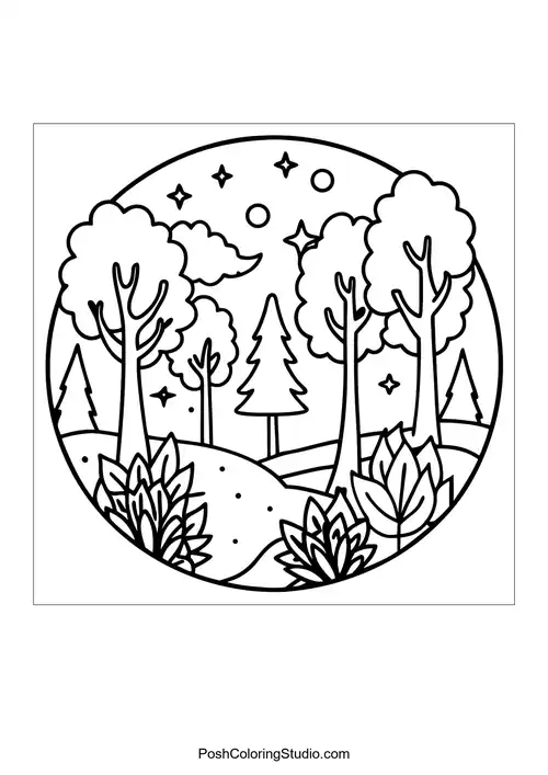A whimsical forest with rounded trees and a starry sky.