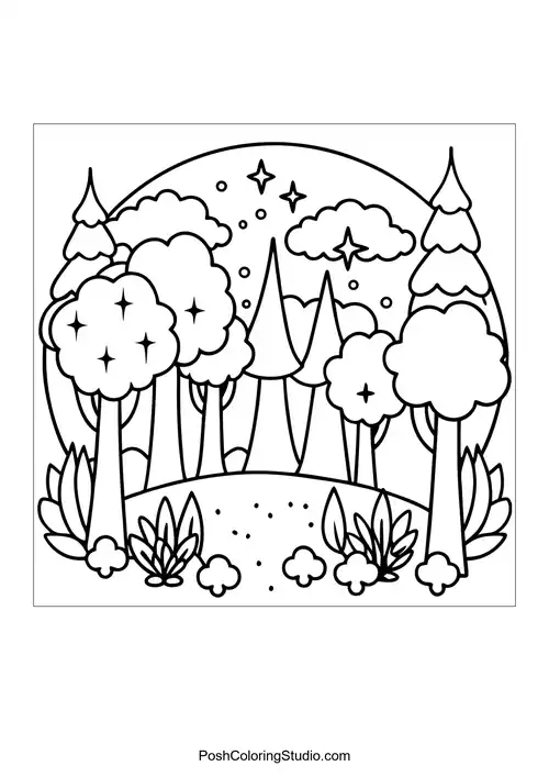 A serene forest scene with tall trees and a winding path.