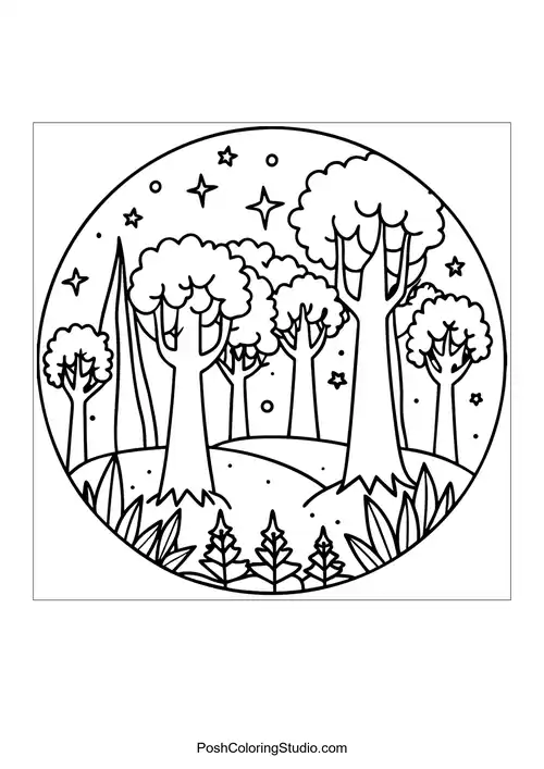 A circular forest scene with tall trees and a starry sky.