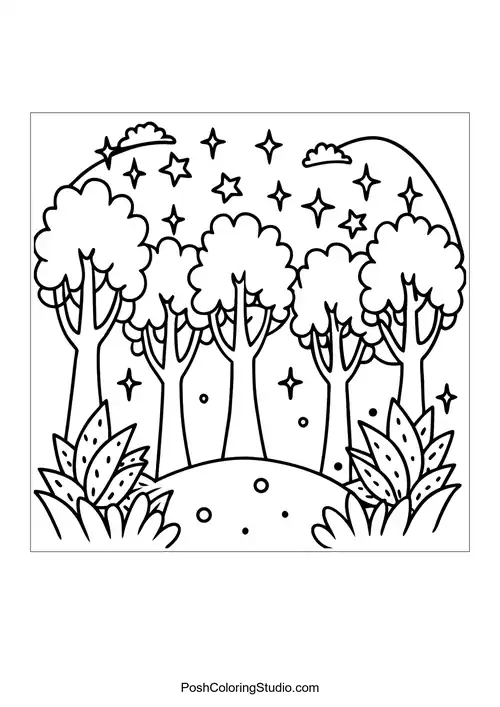 A whimsical forest with rounded trees and a starry sky.