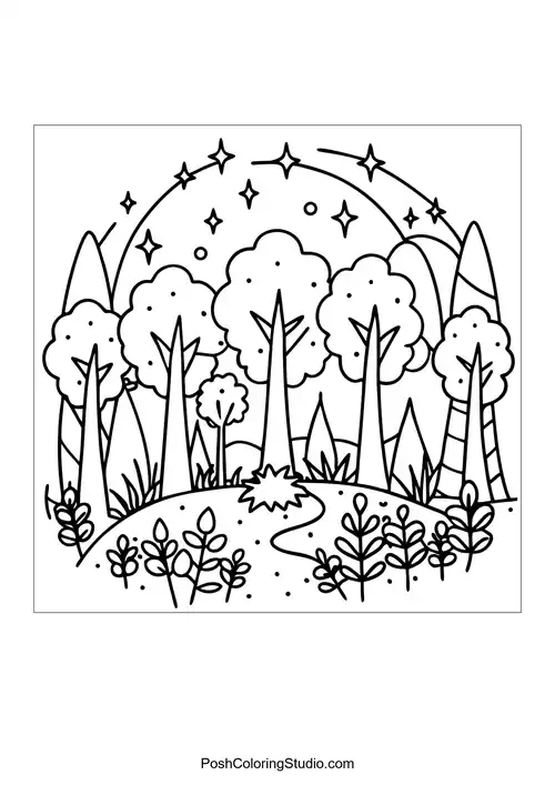 A forest landscape with tall trees and a moonlit sky.
