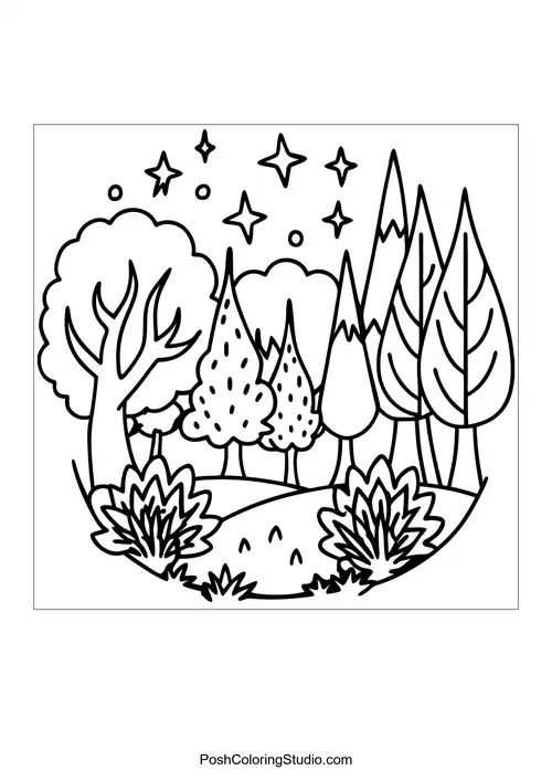 A serene forest scene with tall trees and a winding path.
