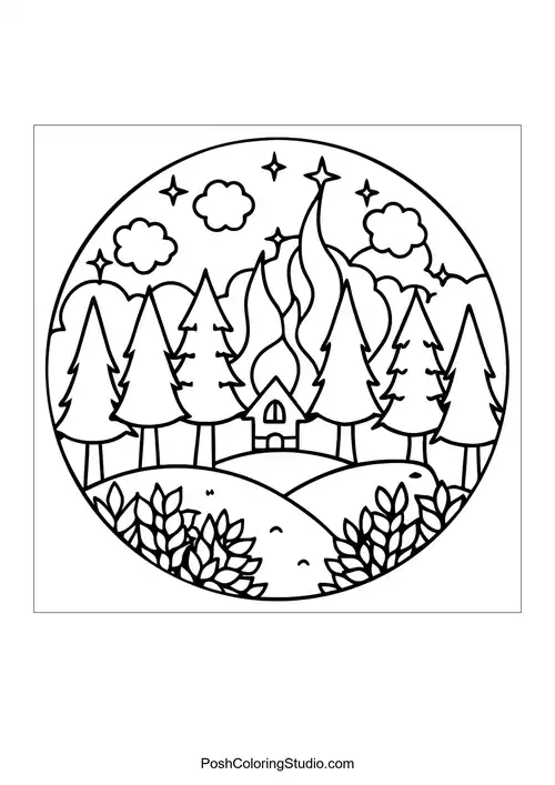 A forest landscape with tall trees and a moonlit sky.