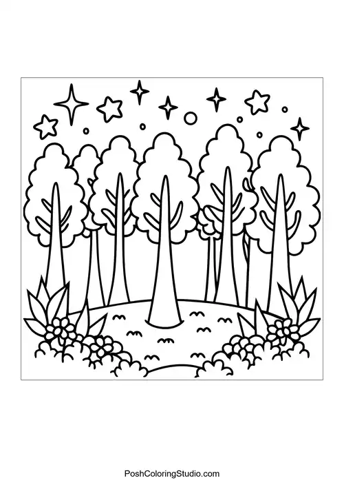 A grove of trees surrounded by flowers and stars.