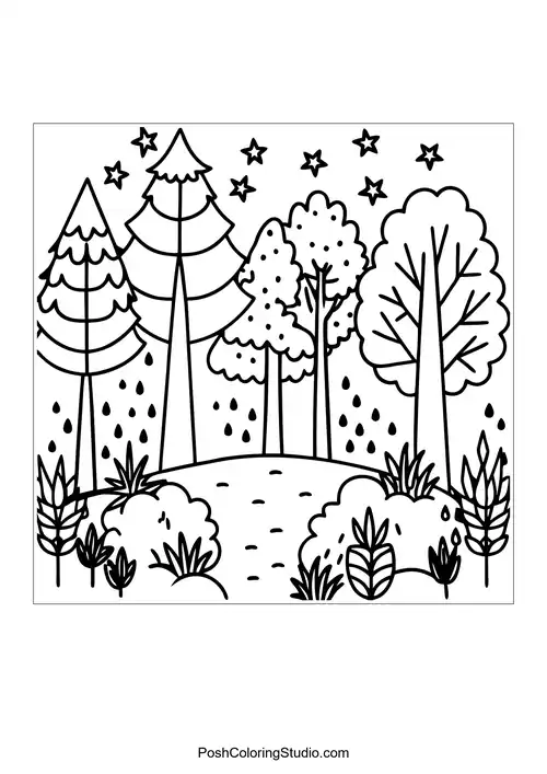 A pathway through trees with raindrops and stars above.
